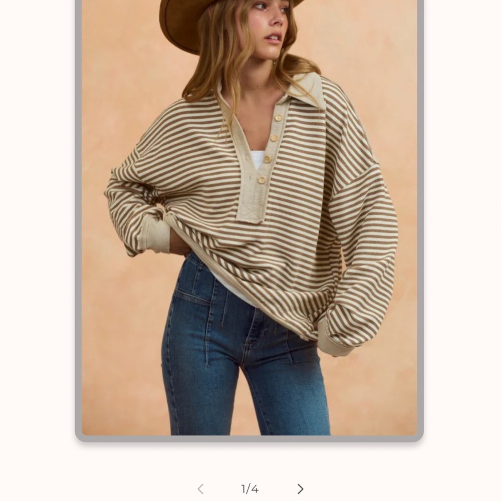 Striped V-Neck Top in Beige and Cream - Picture 2 of 4